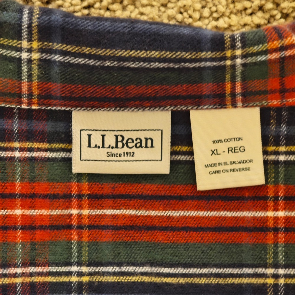 LL Bean Mens XL Flannel Pajama Top Navy Red Tartan Plaid Cotton Sleep Shirt - Picture 2 of 6